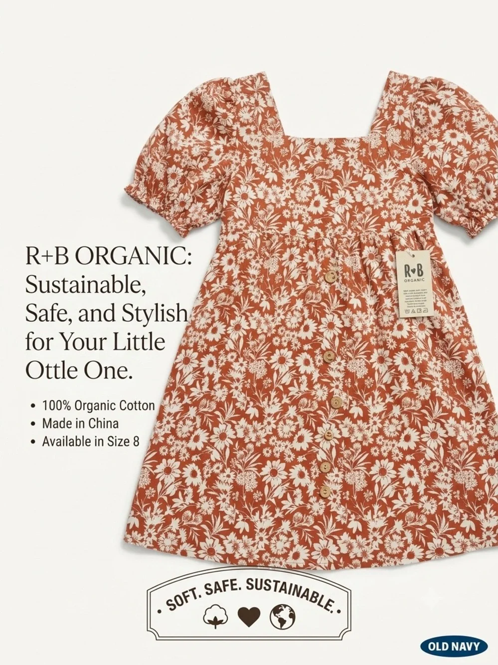 Girls Square-Neck Puff-Sleeve Floral Dress in Rust and Cream